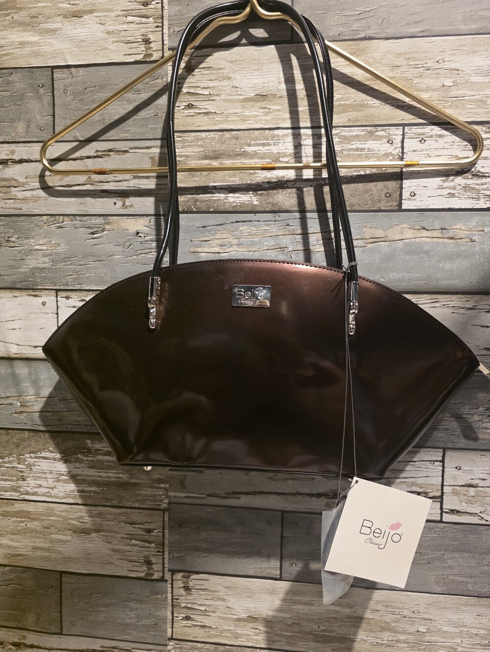 Beijo Glossy Chocolate Brown Fan-Shaped Shoulder Bag